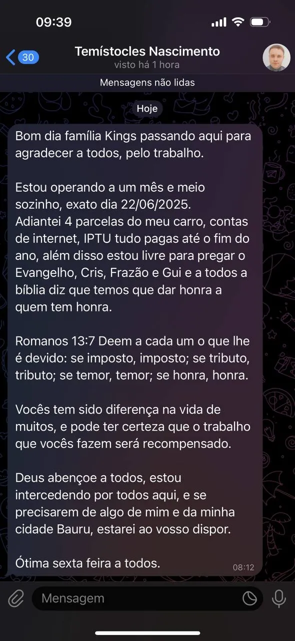 Depoimento de aluno — Temístocles Nascimento agradecendo no Telegram